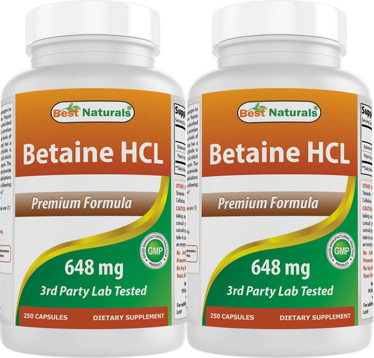 Best Naturals Betaine HCL 648 mg - 250 Capsules (Pack of 2) BritishVita | Premium UK Vitamins & Wellness Supplements