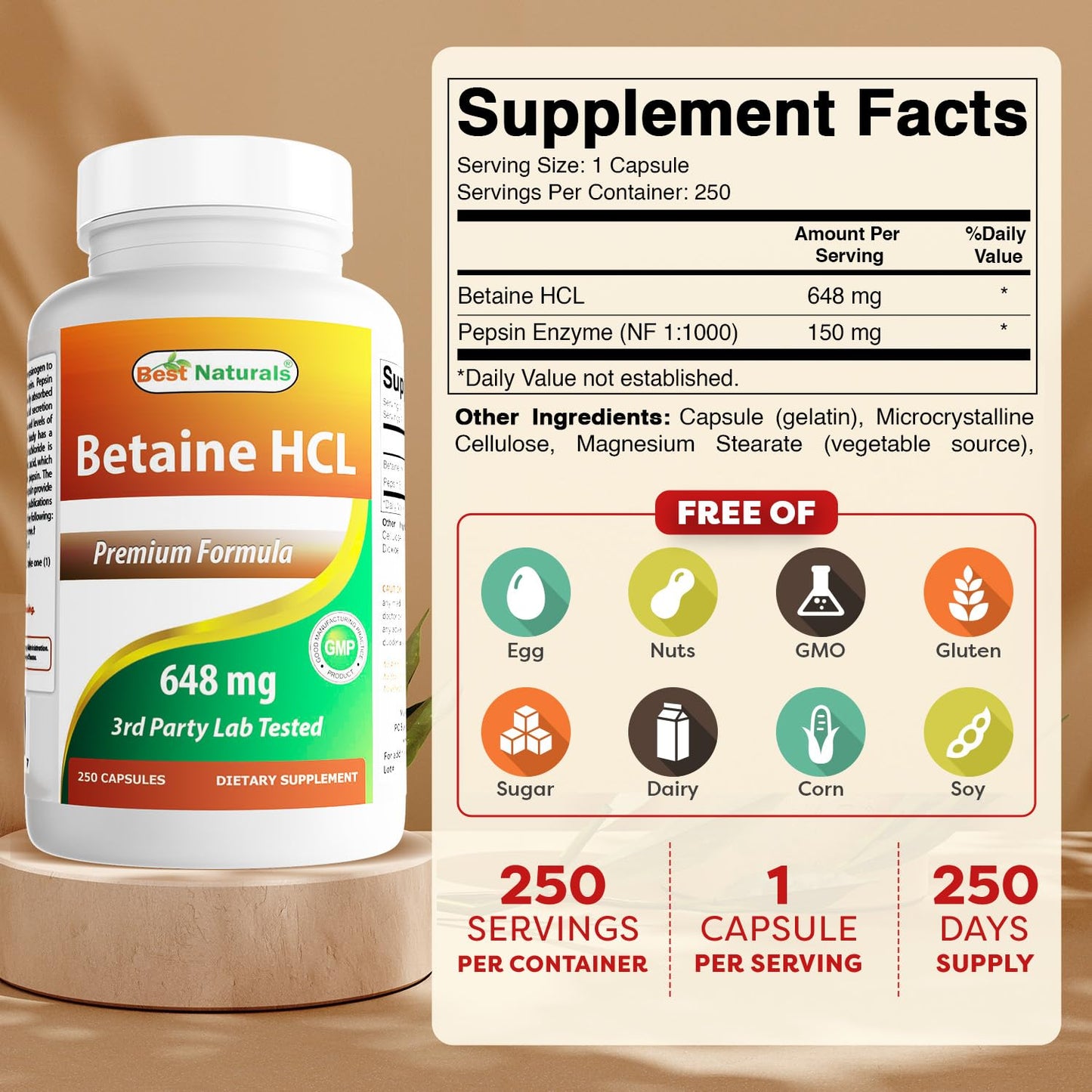 Best Naturals Betaine HCL 648 mg - 250 Capsules (Pack of 2)