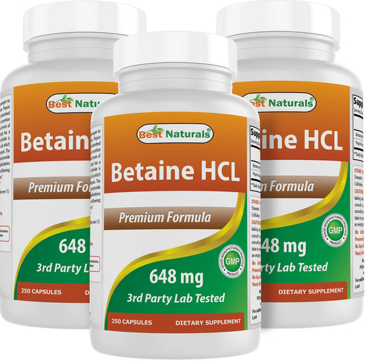 Best Naturals Betaine HCL 648 mg - 750 Capsules (3-Pack) BritishVita | Premium UK Vitamins & Wellness Supplements
