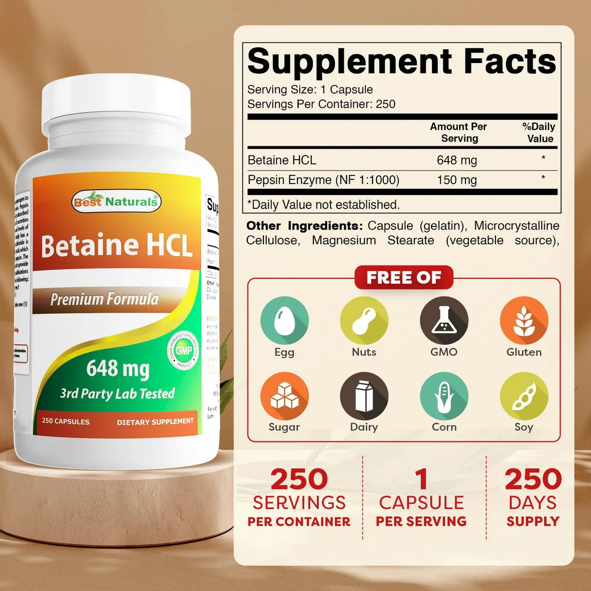 Best Naturals Betaine HCL 648 mg - 750 Capsules (3-Pack) BritishVita | Premium UK Vitamins & Wellness Supplements