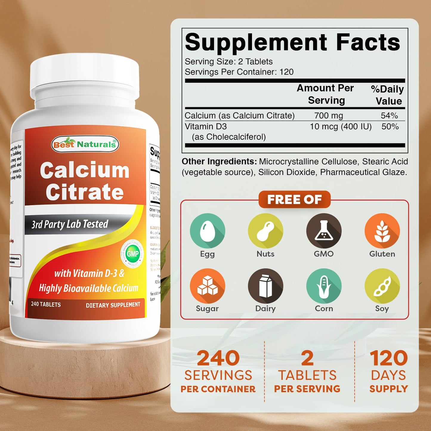 Best Naturals Calcium Citrate with Vitamin D-3 - 240 Tablets (Pack of 2)