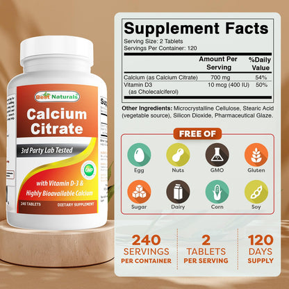 Best Naturals Calcium Citrate with Vitamin D-3 - 240 Tablets (Pack of 2)