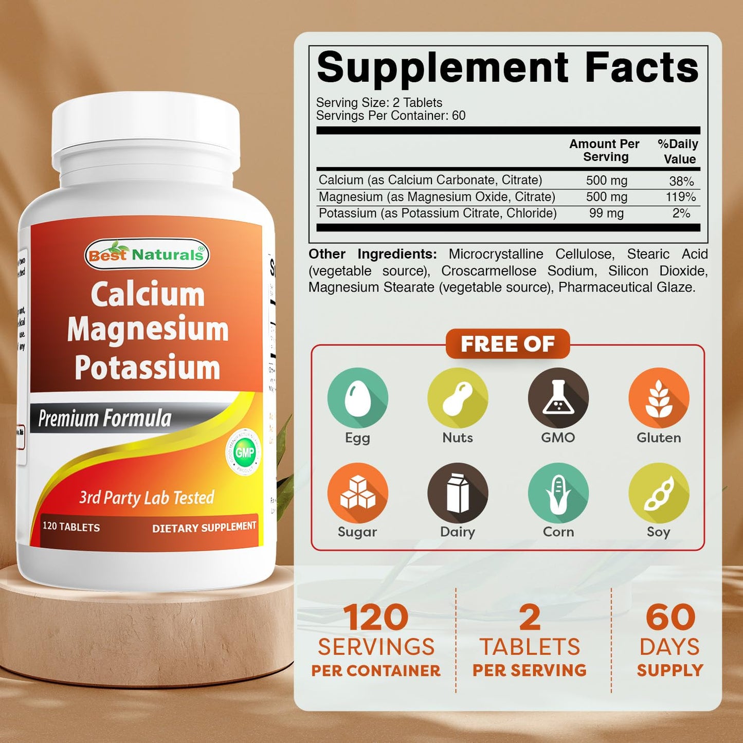 Best Naturals Calcium Magnesium Potassium - 120 Tablets (Pack of 2) | Non-GMO & Gluten Free