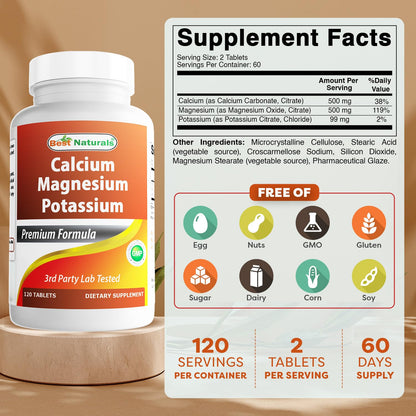 Best Naturals Calcium Magnesium Potassium - 120 Tablets (Pack of 2) | Non-GMO & Gluten Free