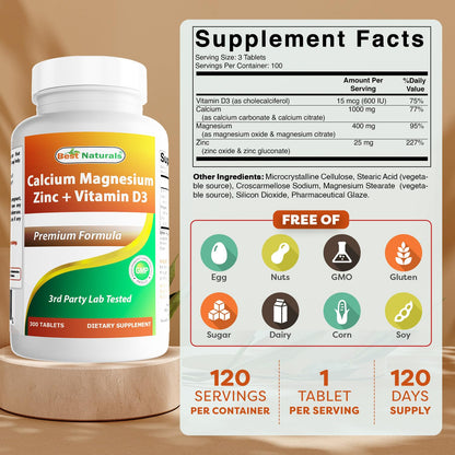 Best Naturals Calcium Magnesium Zinc with Vitamin D3, 300 Tablets - Calcium 1000 mg, Magnesium 400 mg, Zinc 25 mg & D3 600 IU per Serving (3 Tablets) (Pack of 2)