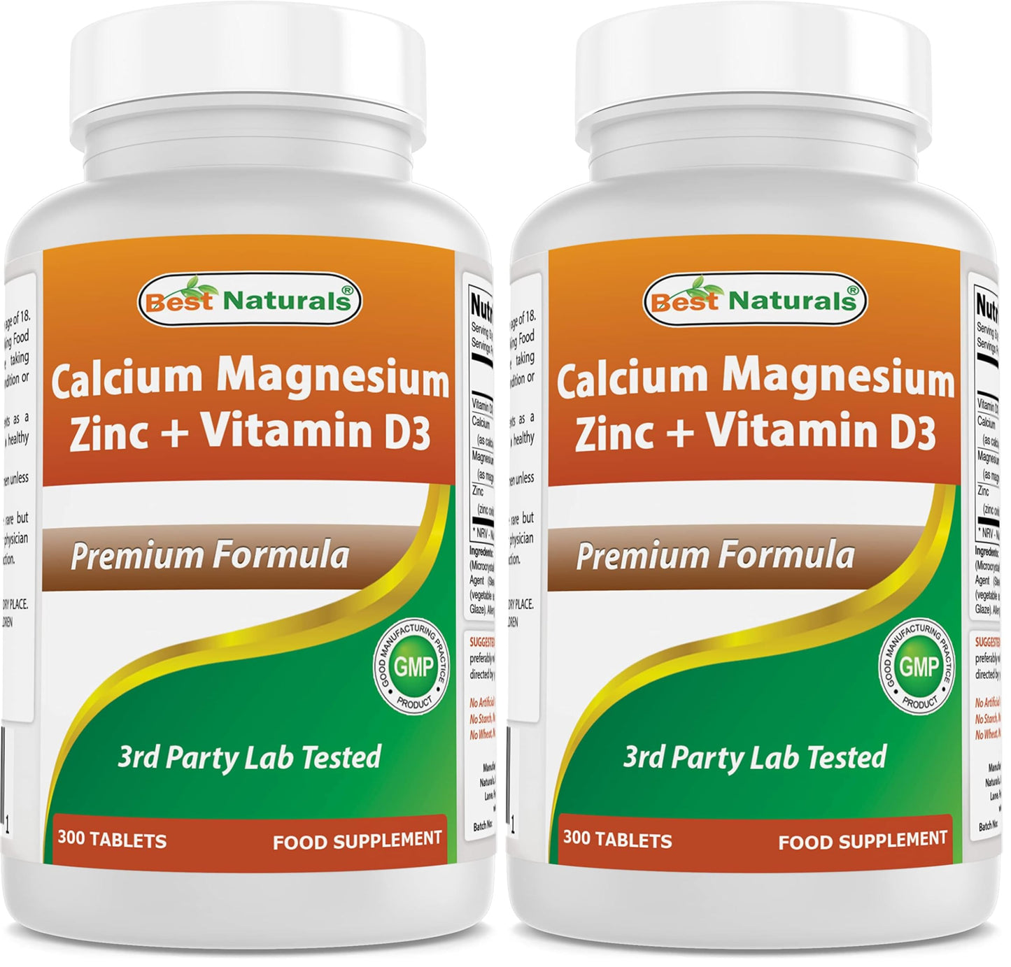 Best Naturals Calcium Magnesium Zinc with Vitamin D3, 300 Tablets - Calcium 1000 mg, Magnesium 400 mg, Zinc 25 mg & D3 600 IU per Serving (3 Tablets) (Pack of 2)