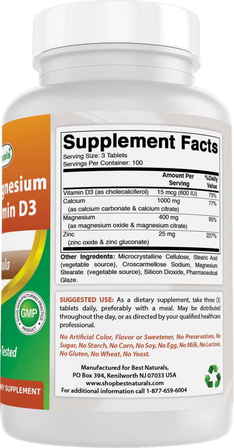 Best Naturals Calcium Magnesium Zinc with Vitamin D3, 300 Tablets - Calcium 1000 mg, Magnesium 400 mg, Zinc 25 mg & D3 600 IU per Serving (3 Tablets) (Pack of 2)