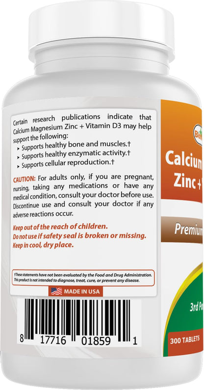 Best Naturals Calcium Magnesium Zinc with Vitamin D3, 300 Tablets - Calcium 1000 mg, Magnesium 400 mg, Zinc 25 mg & D3 600 IU per Serving (3 Tablets) (Pack of 2)