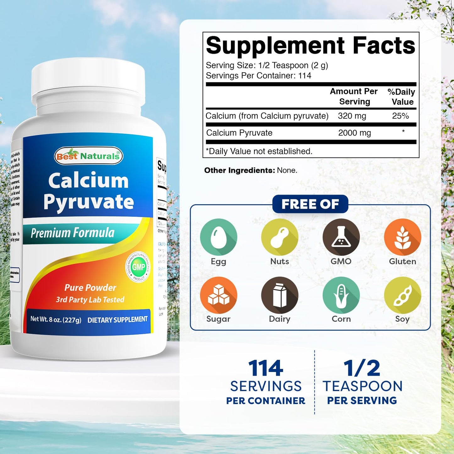 Best Naturals Calcium Pyruvate Powder 8 oz – Pack of 2 (Non-GMO, Gluten-Free)