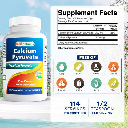 Best Naturals Calcium Pyruvate Powder 8 oz – Pack of 2 (Non-GMO, Gluten-Free)