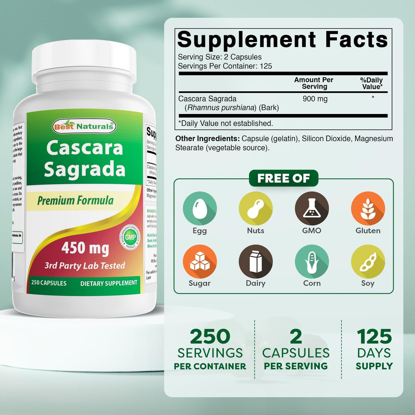 Best Naturals Cascara Sagrada 450 mg – 250 Capsules | Non-GMO, Gluten-Free, Made in USA