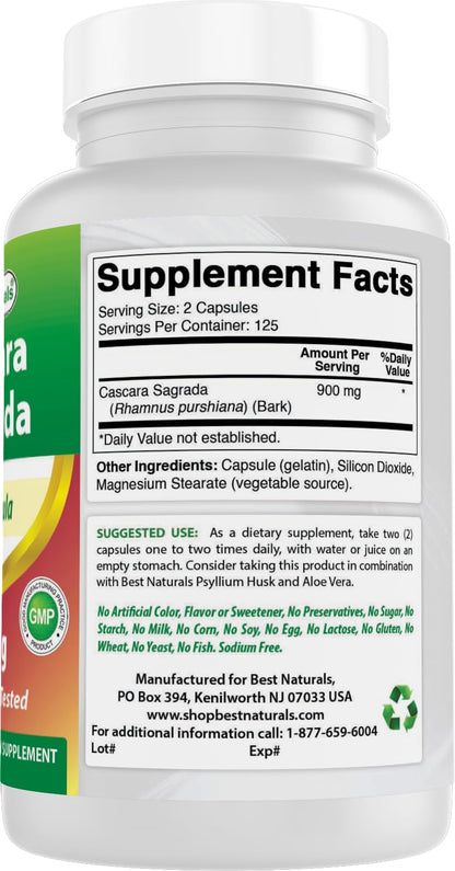 Best Naturals Cascara Sagrada 450 mg - 250 Capsules (Pack of 2) | Non-GMO & Gluten-Free