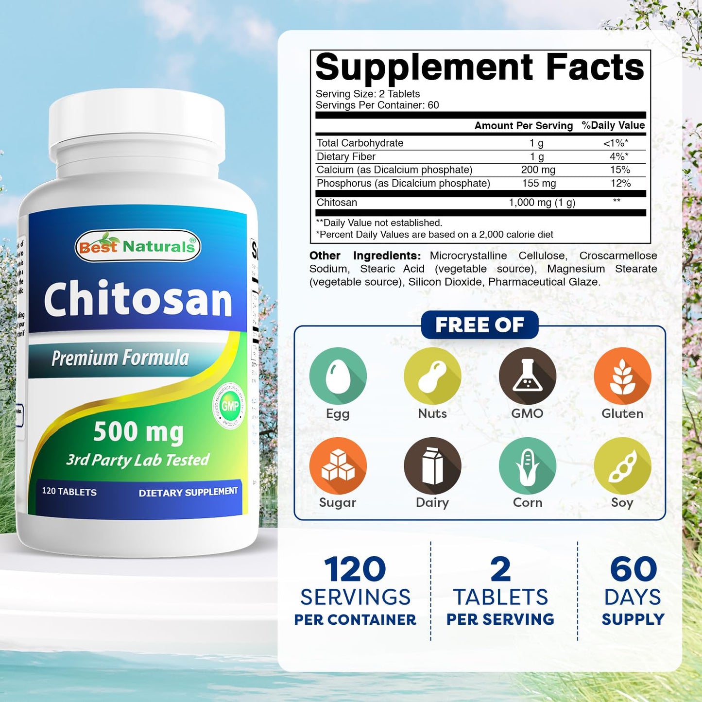 Best Naturals Chitosan 500 mg – 120 Tablets | Non-GMO & Gluten Free
