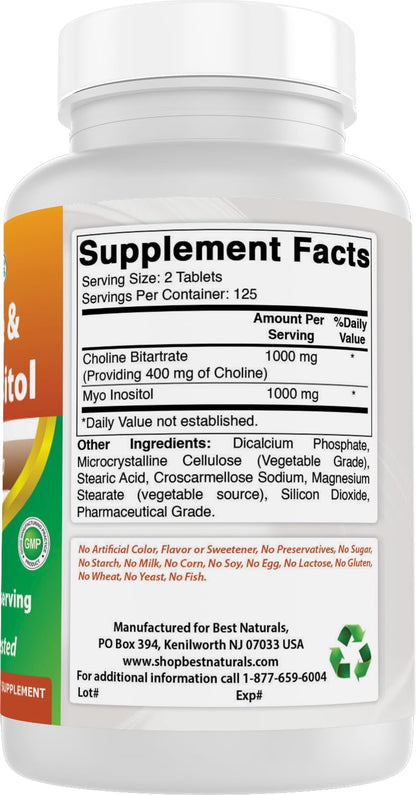 Best Naturals Choline Inositol (Myo-Inositol) 2000 mg per Serving - 250 Tablets | Non-GMO, Gluten Free, Made in USA