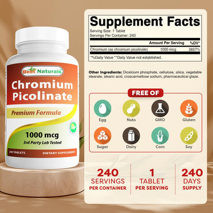 Best Naturals Chromium Picolinate 1000 mcg – 240 Tablets | GMP Certified, Made in USA