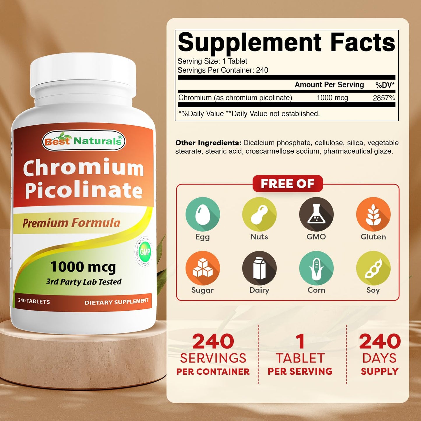 Best Naturals Chromium Picolinate 1000mcg - 240 Tablets | Non-GMO