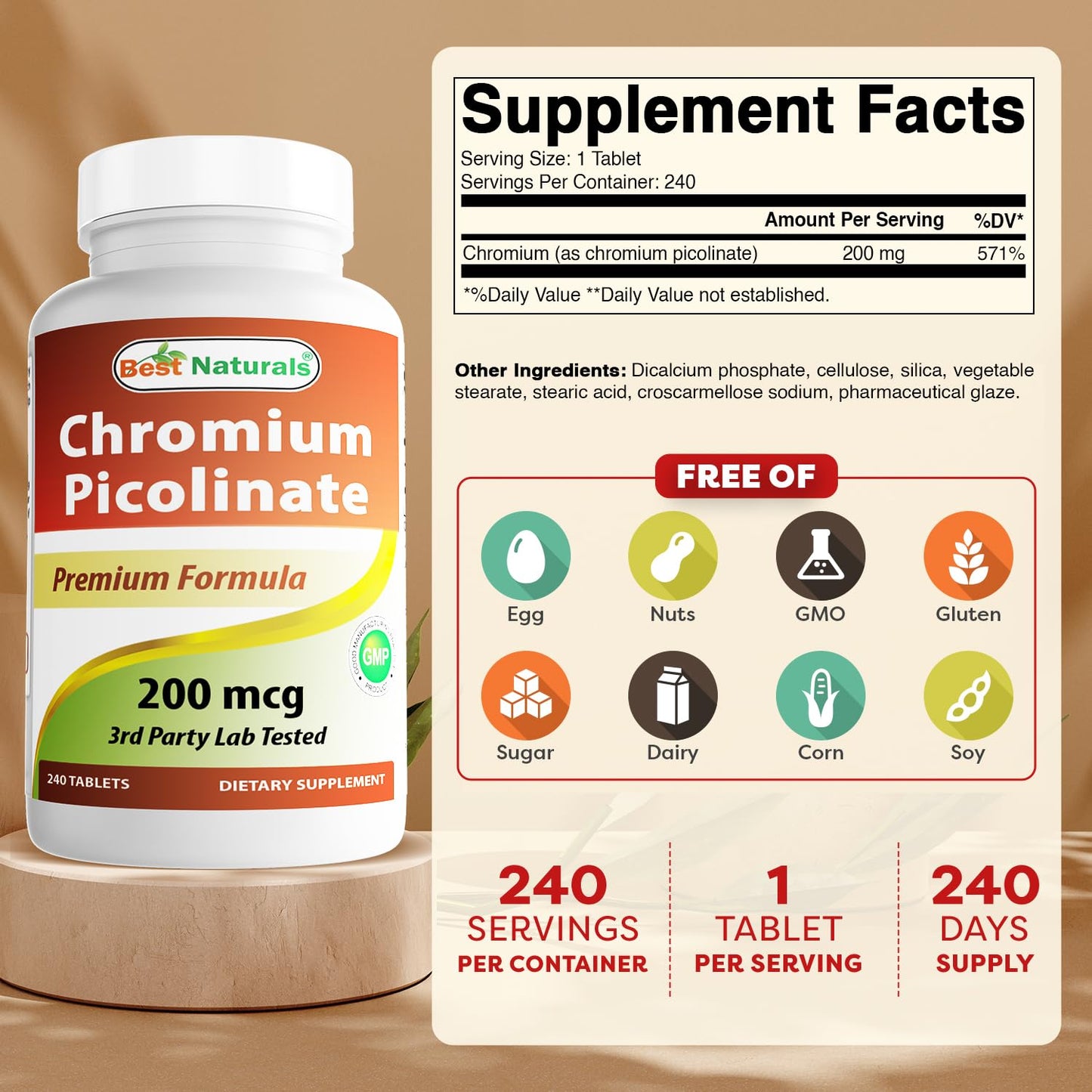 Best Naturals Chromium Picolinate Tablet, 200 mcg - 240 Count | Non-GMO & Gluten-Free