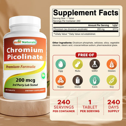 Best Naturals Chromium Picolinate Tablet, 200 mcg - 240 Count | Non-GMO & Gluten-Free