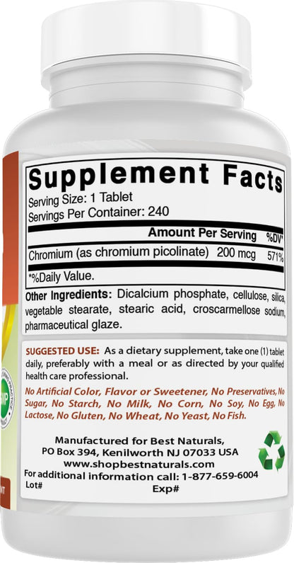 Best Naturals Chromium Picolinate Tablet, 200 mcg - 240 Count | Non-GMO & Gluten-Free