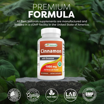 Best Naturals Cinnamon 2000 mg Equivalent with Chromium 400 mcg per Serving - Metabolism Support - 180 Capsules (Pack of 2)