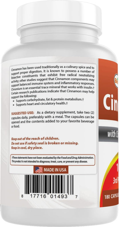 Best Naturals Cinnamon 2000 mg Equivalent with Chromium 400 mcg per Serving - Metabolism Support - 180 Capsules (Pack of 2)