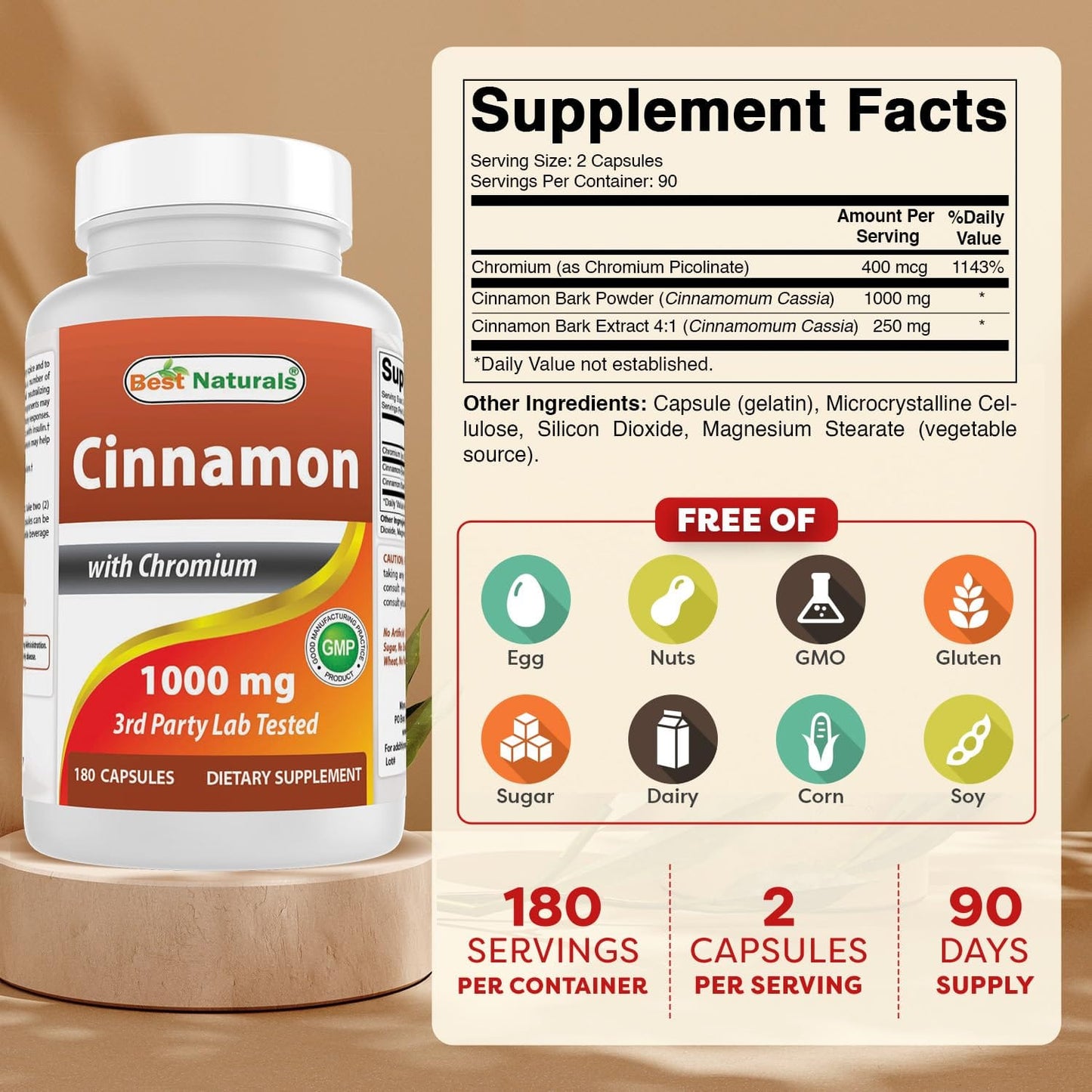 Best Naturals Cinnamon 2000 mg Equivalent with Chromium 400 mcg per Serving - Metabolism Support - 180 Capsules (Pack of 2)