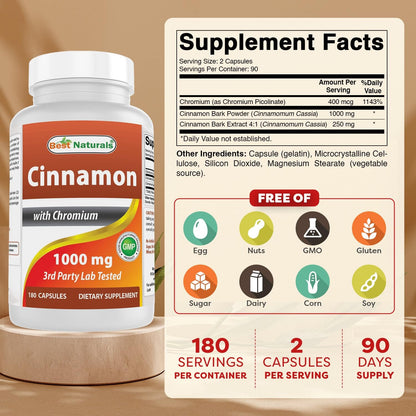 Best Naturals Cinnamon 2000 mg Equivalent with Chromium 400 mcg per Serving - Metabolism Support - 180 Capsules (Pack of 2)