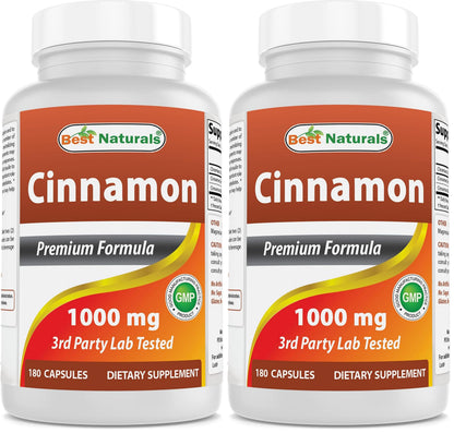 Best Naturals Cinnamon 2000 mg Equivalent with Chromium 400 mcg per Serving - Metabolism Support - 180 Capsules (Pack of 2)