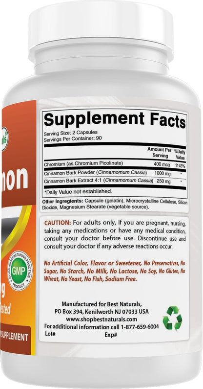 Best Naturals Cinnamon 2000 mg Equivalent with Chromium 400 mcg per Serving - Metabolism Support - 180 Capsules (Pack of 2)