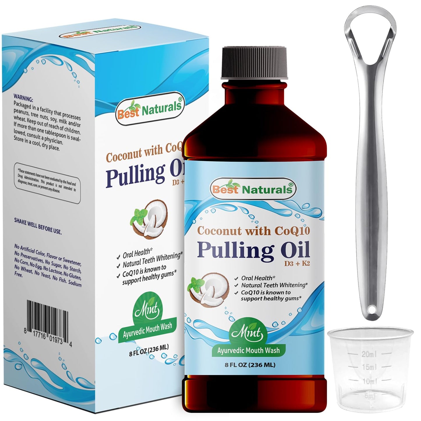 Best Naturals Coconut Pulling Oil with Vitamin D3, E, K2 & COQ10 – 8 Fl Oz | Made in USA