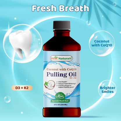 Best Naturals Coconut Pulling Oil with Vitamin D3, E, K2 & COQ10 – 8 Fl Oz | Made in USA