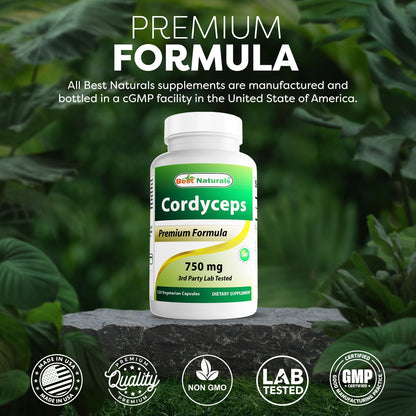 Best Naturals Cordyceps Sinensis Mycelium Powder 750 mg - 120 Veggie Capsules