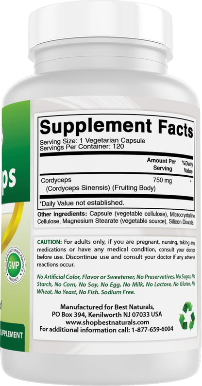 Best Naturals Cordyceps Sinensis Mycelium Powder 750 mg - 120 Veggie Capsules