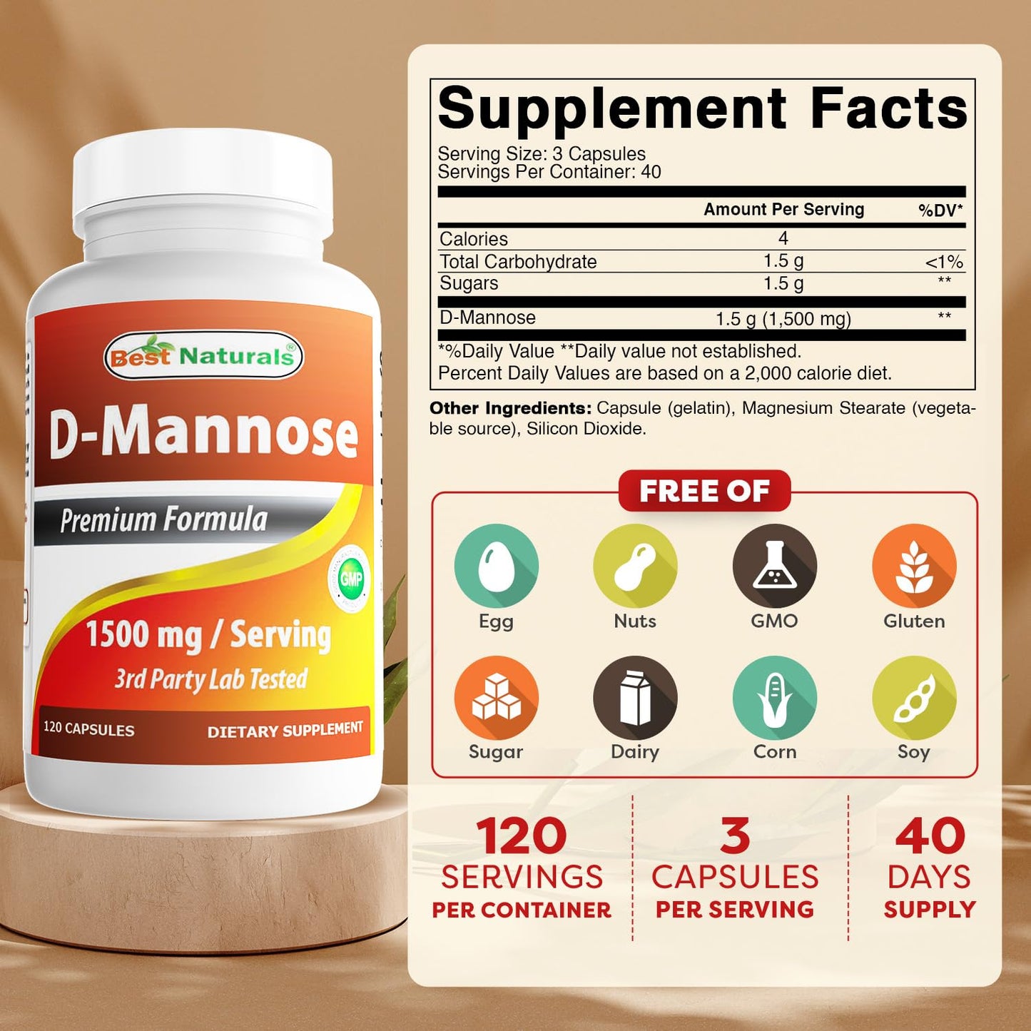 Best Naturals D-Mannose 1500 mg per Serving – 120 Capsules (Pack of 2)