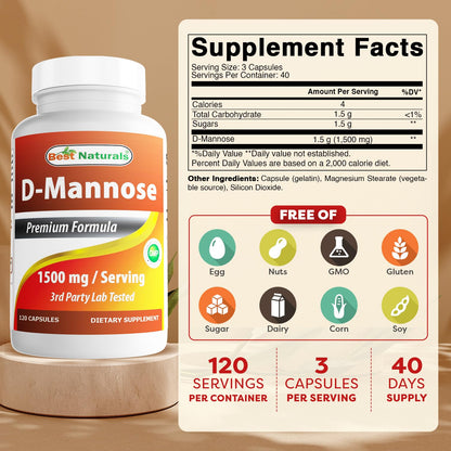 Best Naturals D-Mannose 1500 mg per Serving – 120 Capsules (Pack of 2)