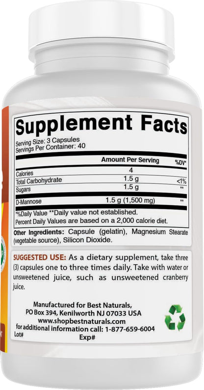 Best Naturals D-Mannose 1500 mg per Serving – 120 Capsules (Pack of 2)