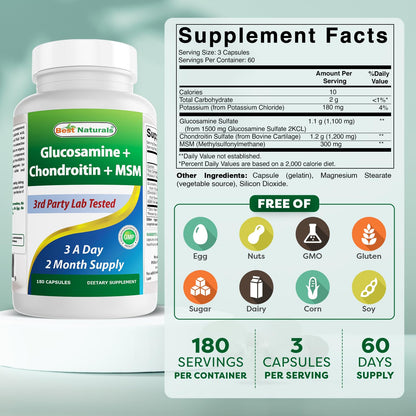 Best Naturals Glucosamine Chondroitin MSM Joint Supplement – 2600 mg/Serving, 180 Capsules per Bottle, Pack of 3