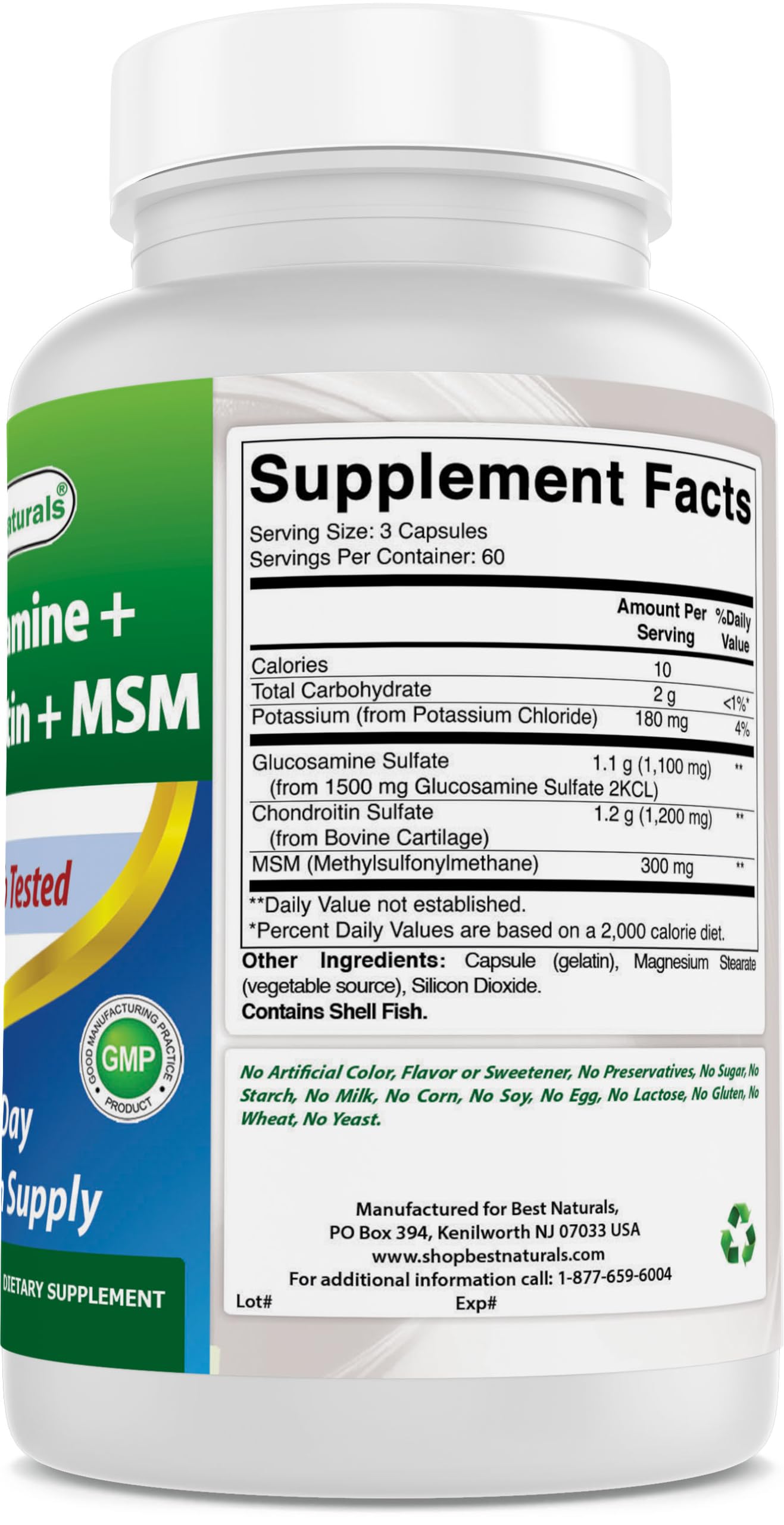 Best Naturals Glucosamine Chondroitin MSM Joint Supplement – 2600 mg/Serving, 180 Capsules per Bottle, Pack of 3