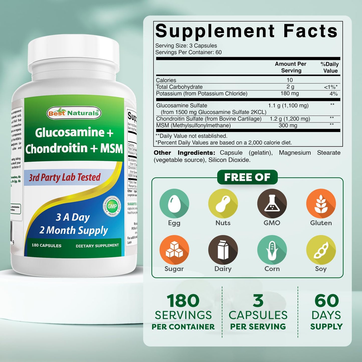 Best Naturals Glucosamine Chondroitin MSM Joint Supplement – 2600 mg/Serving, 180 Capsules per Bottle, Pack of 3