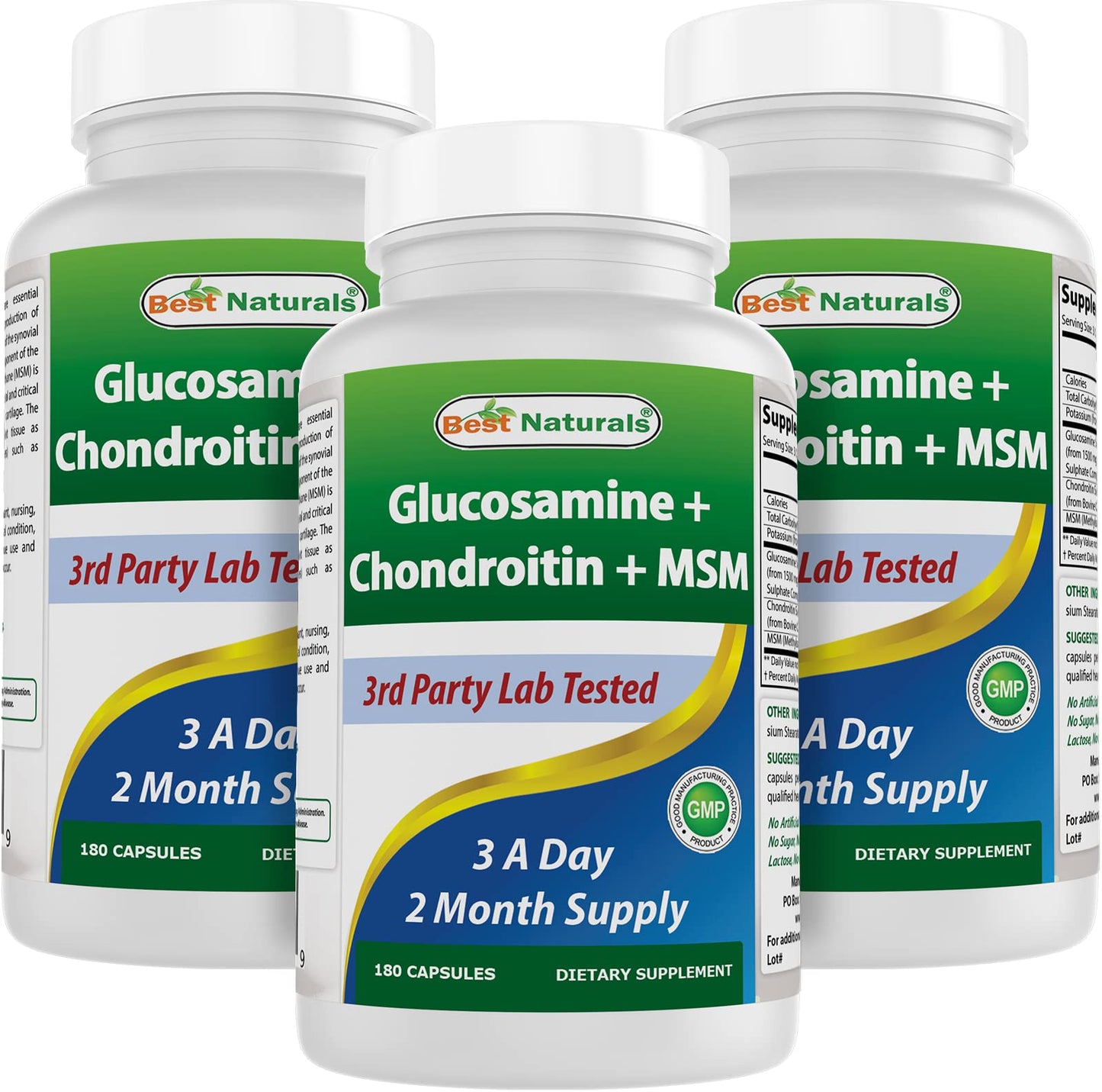 Best Naturals Glucosamine Chondroitin MSM Joint Supplement – 2600 mg/Serving, 180 Capsules per Bottle, Pack of 3