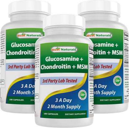 Best Naturals Glucosamine Chondroitin MSM Joint Supplement – 2600 mg/Serving, 180 Capsules per Bottle, Pack of 3