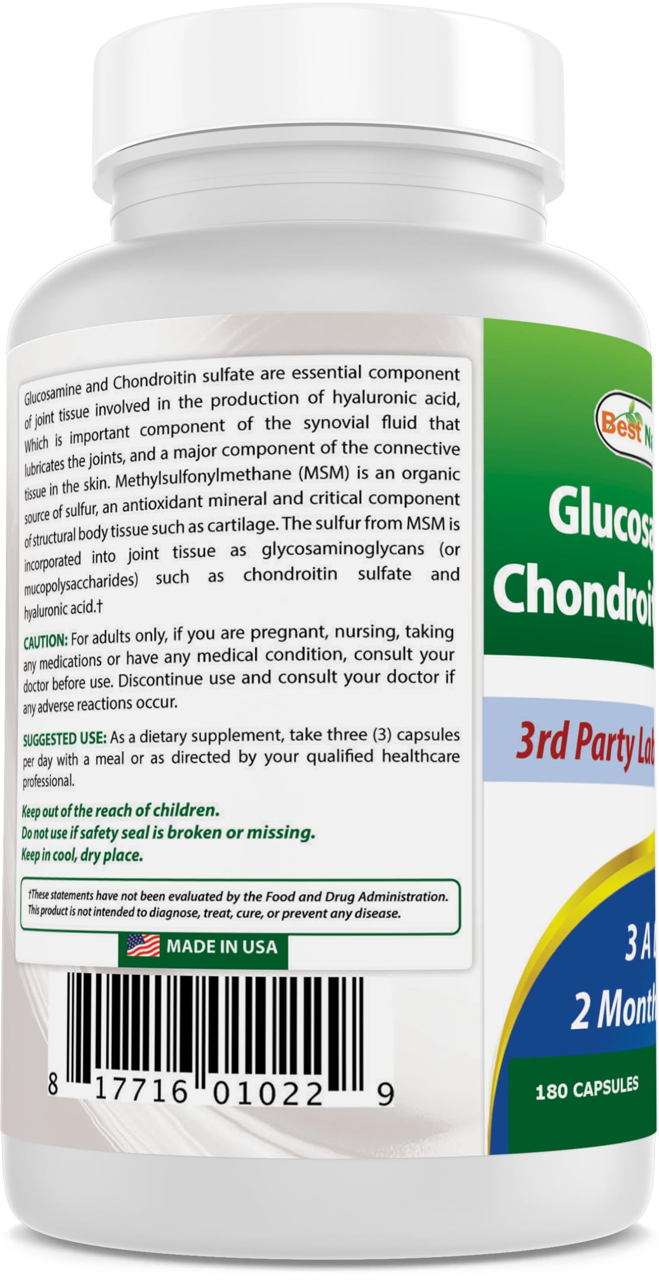Best Naturals Glucosamine Chondroitin MSM Joint Supplement – 2600 mg/Serving, 180 Capsules per Bottle, Pack of 3
