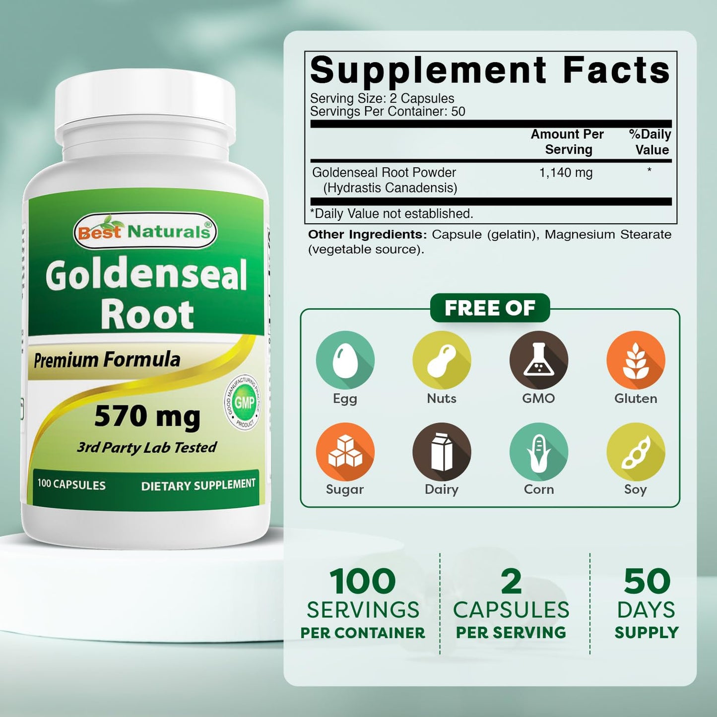 Best Naturals Goldenseal Root 570 mg (Non-GMO) 100 Capsules