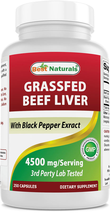 Best Naturals Grass Fed Beef Liver Capsules 4500mg 250 Count - Desiccated Supplement - Energy Production, Detoxification, Digestion, Immunity - Added Black Pepper Extract for Maximum Absorption.