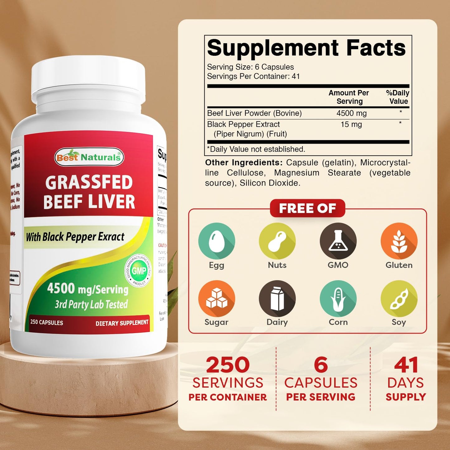 Best Naturals Grass Fed Beef Liver Capsules 4500mg 250 Count - Desiccated Supplement - Energy Production, Detoxification, Digestion, Immunity - Added Black Pepper Extract for Maximum Absorption.