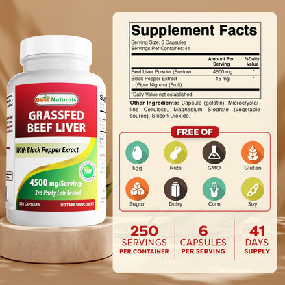 Best Naturals Grass Fed Beef Liver Capsules 4500mg 250 Count - Desiccated Supplement - Energy Production, Detoxification, Digestion, Immunity - Added Black Pepper Extract for Maximum Absorption.