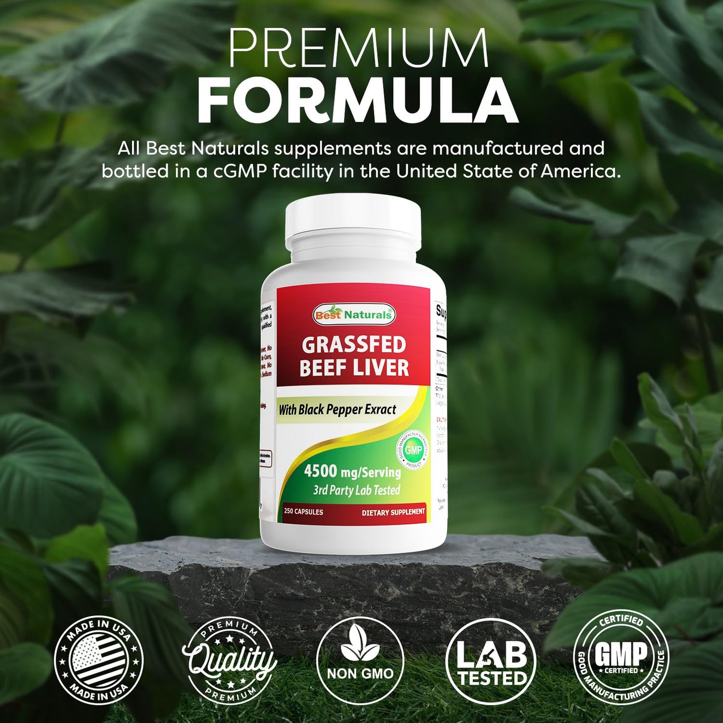 Best Naturals Grass Fed Beef Liver Capsules 4500mg 250 Count - Desiccated Supplement - Energy Production, Detoxification, Digestion, Immunity - Added Black Pepper Extract for Maximum Absorption.