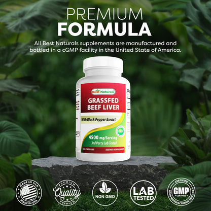 Best Naturals Grass Fed Beef Liver Capsules 4500mg 250 Count - Desiccated Supplement - Energy Production, Detoxification, Digestion, Immunity - Added Black Pepper Extract for Maximum Absorption.