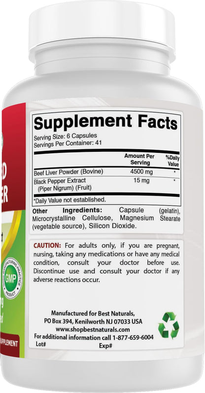 Best Naturals Grass Fed Beef Liver Capsules 4500mg 250 Count - Desiccated Supplement - Energy Production, Detoxification, Digestion, Immunity - Added Black Pepper Extract for Maximum Absorption.