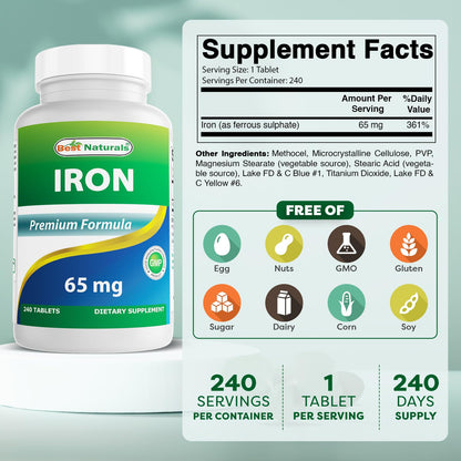 Best Naturals Iron Supplement 65 mg - 240 Tablets - Non-GMO & Gluten Free (Pack of 2)